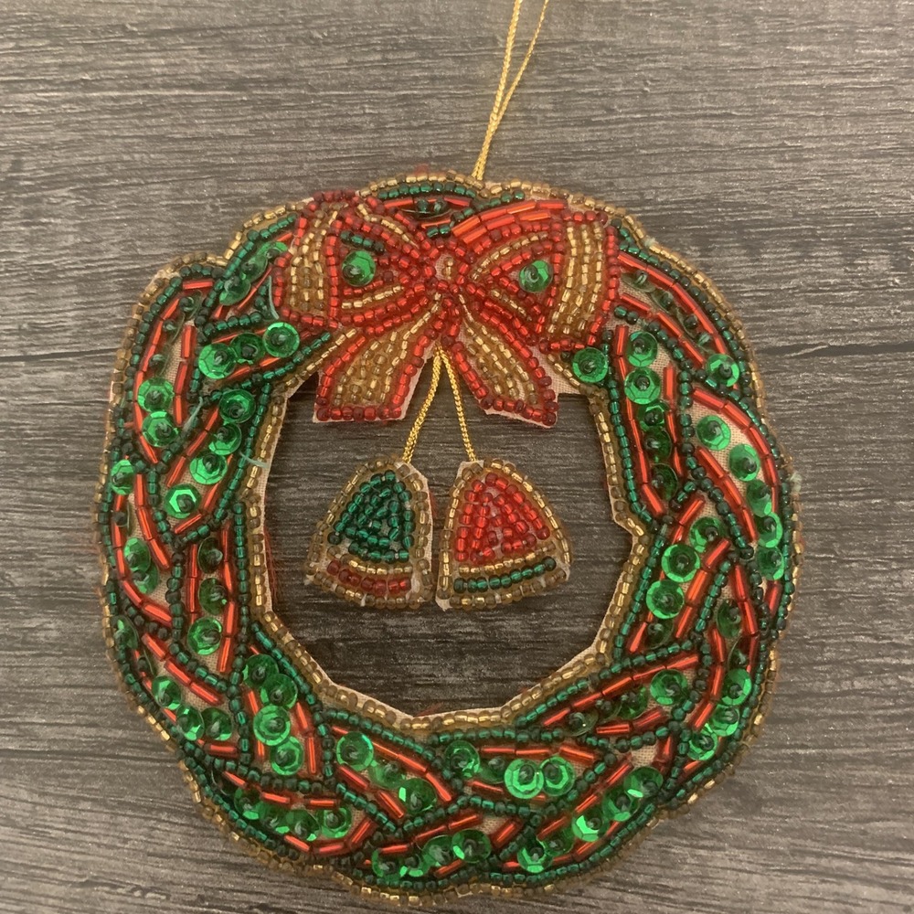 Vintage Beaded Sequins Christmas Wreath Ornament Bow and Bells Holiday Decor